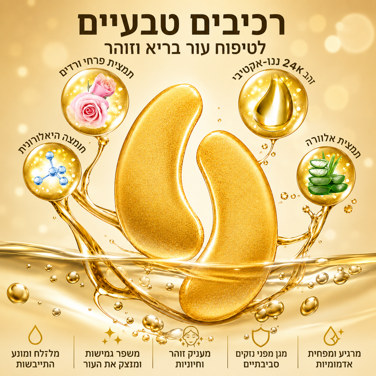 מסכות עיניים לעיניים זוהרות – 40 זוגות | אלוורה, ורד, חומצה היאלורונית וזהב 24 קראט | לחות ואנטי-אייג'ינג